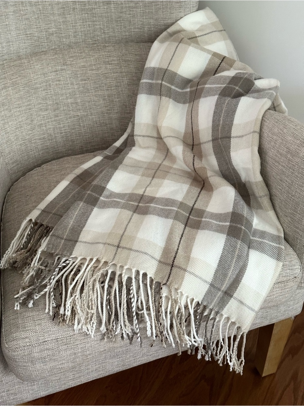 Fall Plaid Fringe Throw Blanket - Beige, Cream & Tan - Fall Harvest Decor